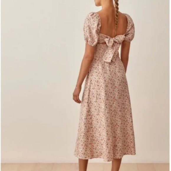 BEST Reformation Denver Linen Midi Dress - Fairy Beige Orange Floral Wedding Par - Picture 5 of 9